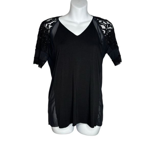 Gary Graham Designer Quiet Luxury Short Sleeve Lace Jersey Mesh Blouse Small - Picture 13 of 14